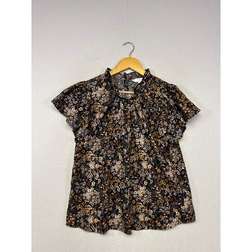 Cottagecore Time and Tru Womens S Brown Floral Flutter Sleeve Ruffle Blouse